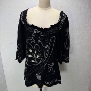 Once Again Womens XL Black Silver Embroidery 3/4 Sleeve Boho Beaded Blouse Top